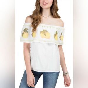 Francesca's Blue Rain Embroidered Lemons or Peaches Off the Shoulder Top Medium